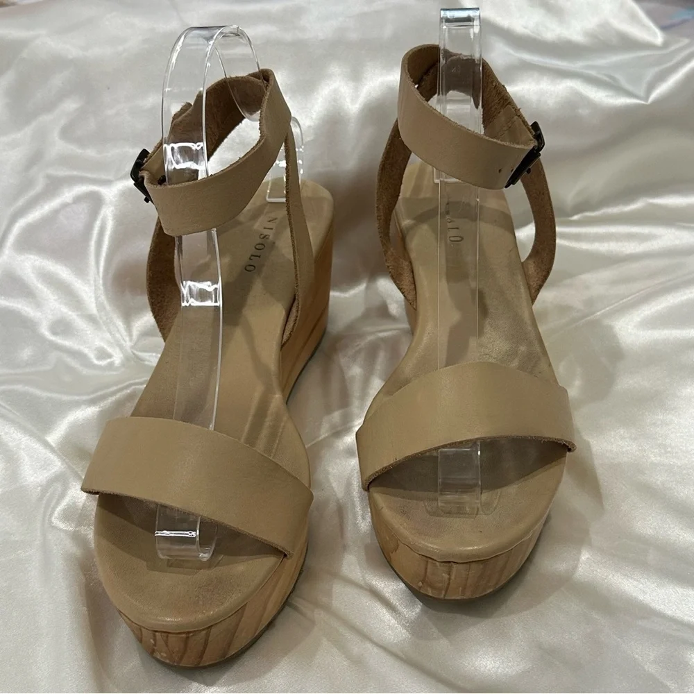 Nisolo Sarita Wooden Wedge Sandal Size 9 Leather Wrap Beige Festival Vacation